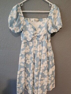 Altered State Light Blue & White Floral Puff Sleeve Sundress